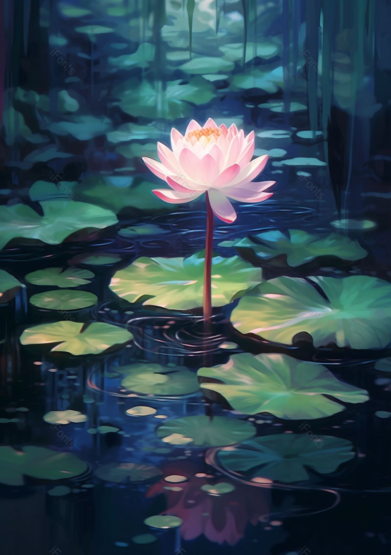 夜风吹过池塘里的荷花与荷叶自然插画壁纸背景,插画/手绘图,插画/手绘图库,插画/手绘图下载,插画/手绘